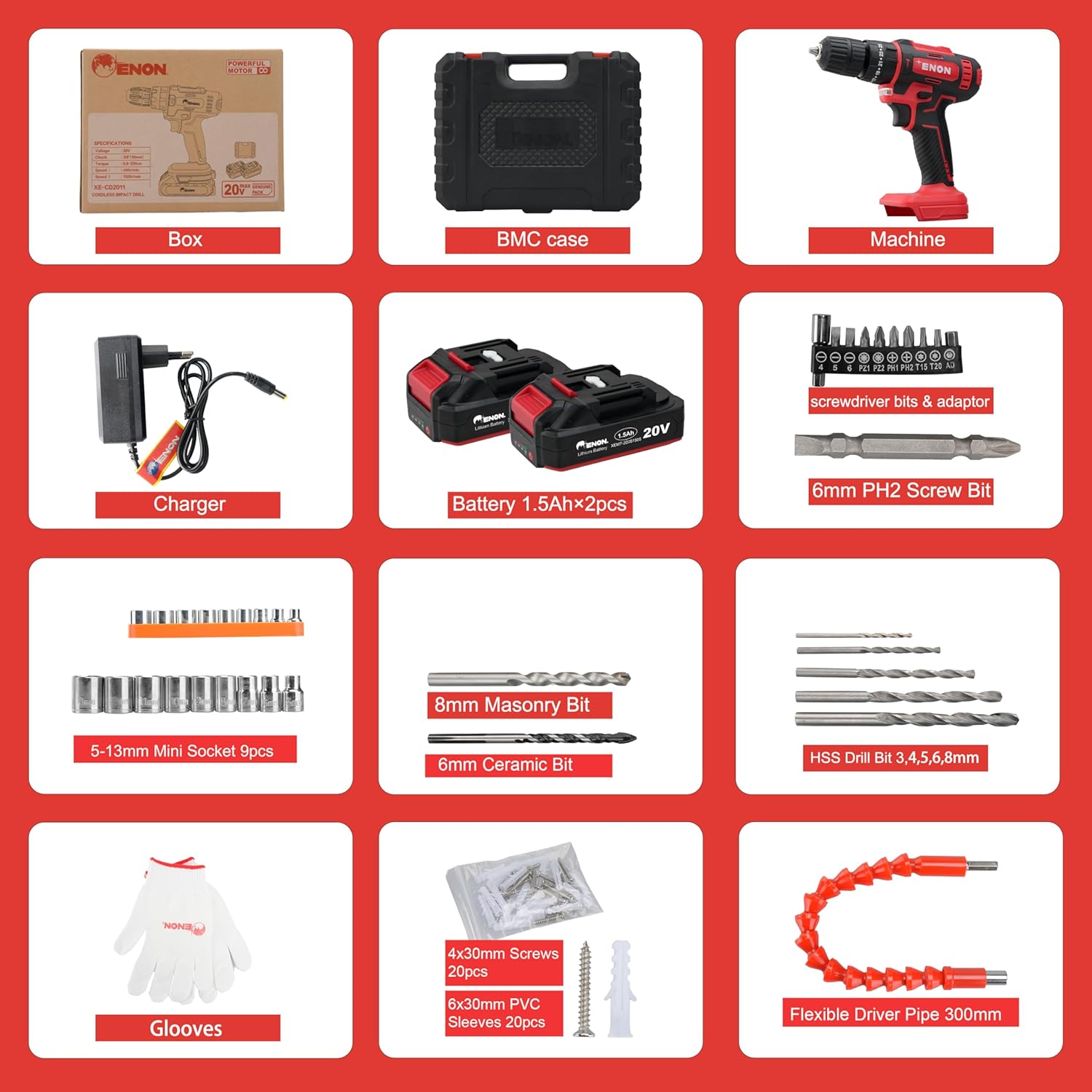 Enon Cordless Impact Drill for Home Use, 20V, 1500Rpm, Keyless Chuck 10mm, 25 Level Torque, F/R Trigger, 2 Modes, 2X1.5Ah Batteries, Drill Kit for Wood, Metal, Concrete - 6 Month Warranty (XE-CD2011) Enon Cordless Impact Drill for Home Use, 20V, 1500Rpm, Keyless Chuck 10mm, 25 Level Torque, F/R Trigger, 2 Modes, 2X1.5Ah Batteries, Drill Kit for Wood, Metal, Concrete - 6 Month Warranty (XE-CD2011)